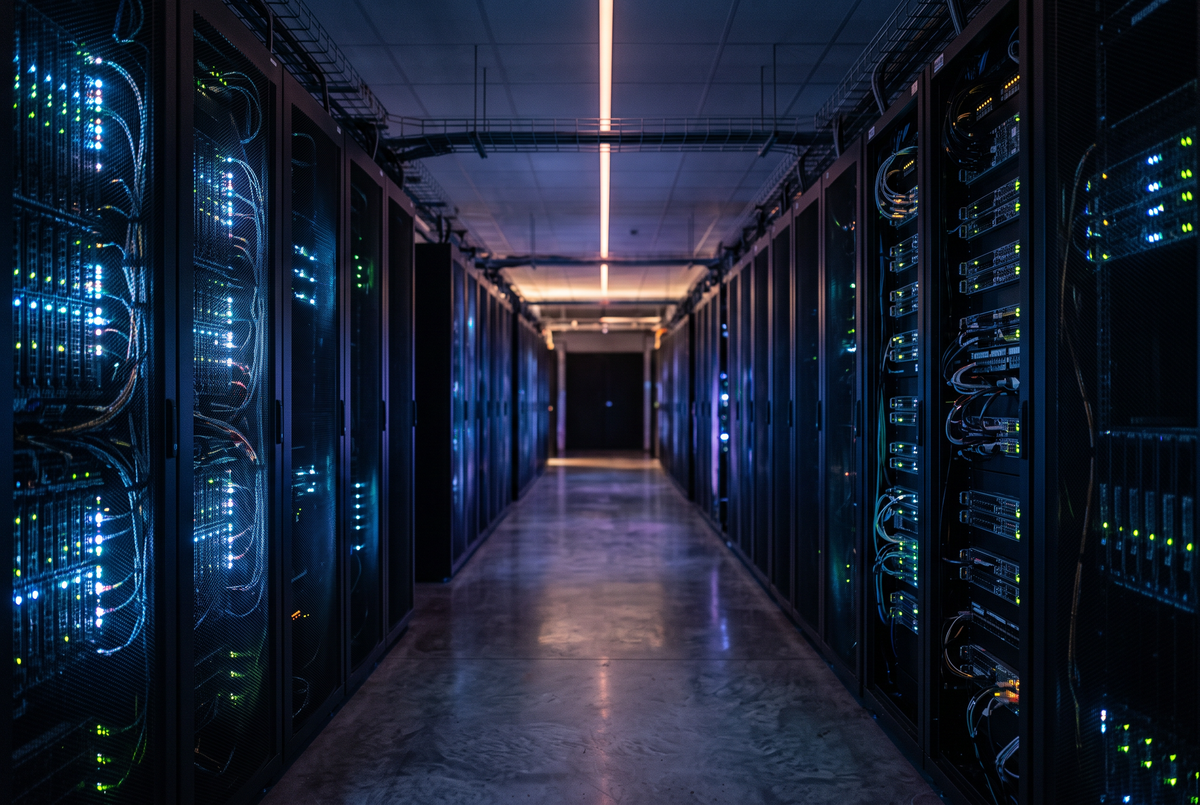 A modern data center corridor with rows of server racks at dusk