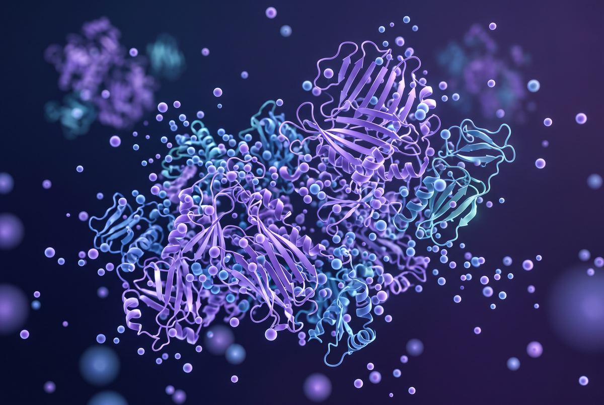 Abstract 3D rendering of complement protein molecules in blue and violet tones, illustrating a complement inhibitor treatment for kidney disease.