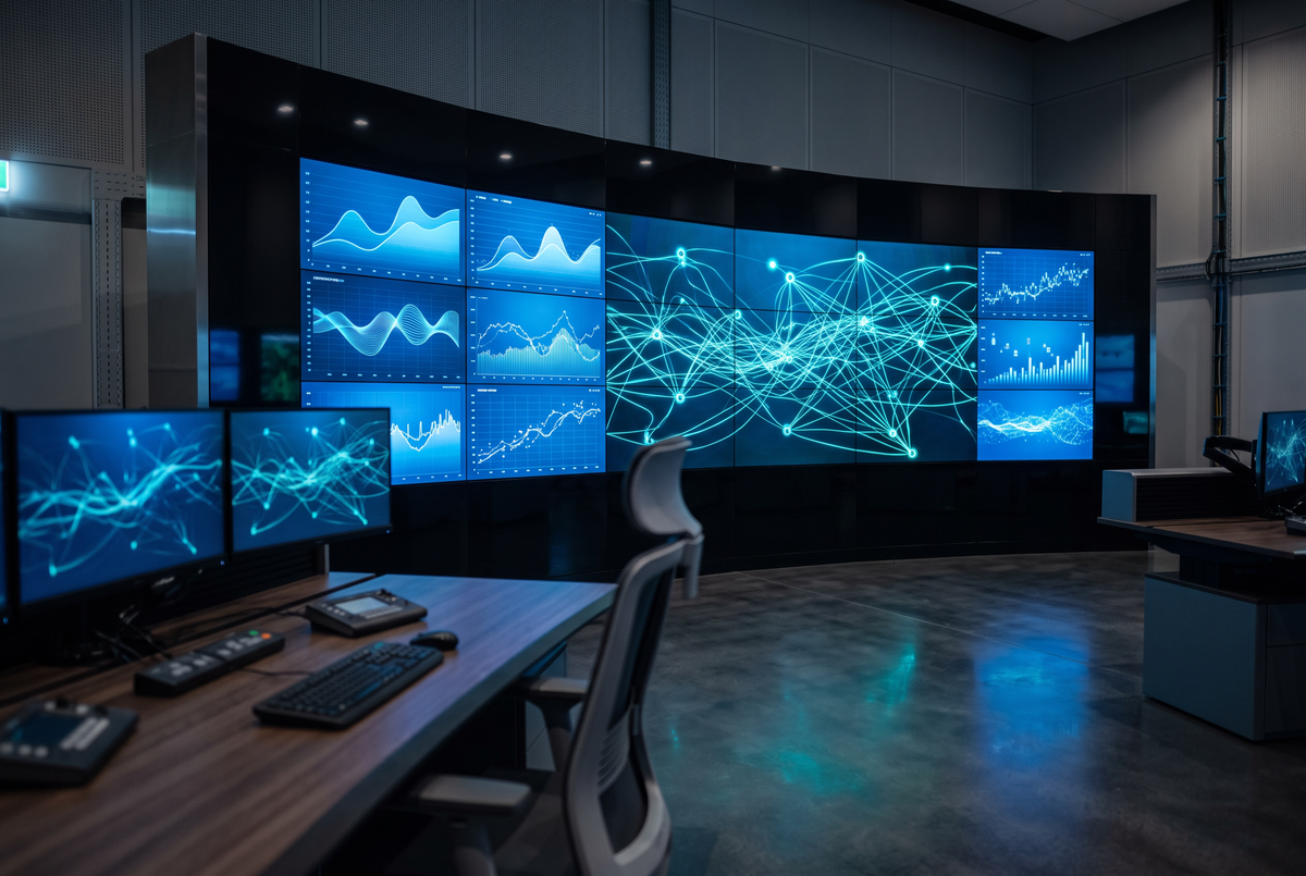 Industrial automation control room with screens showing blue data graphs and teal network connections