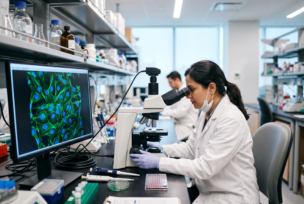 A researcher at a fluorescence microscope in a pharmaceutical laboratory, illustrating antisense RNA therapy for hepatitis B