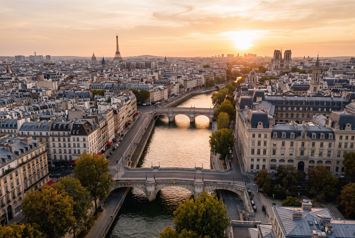 Aerial view of a Paris riverbank with stone buildings at golden hour