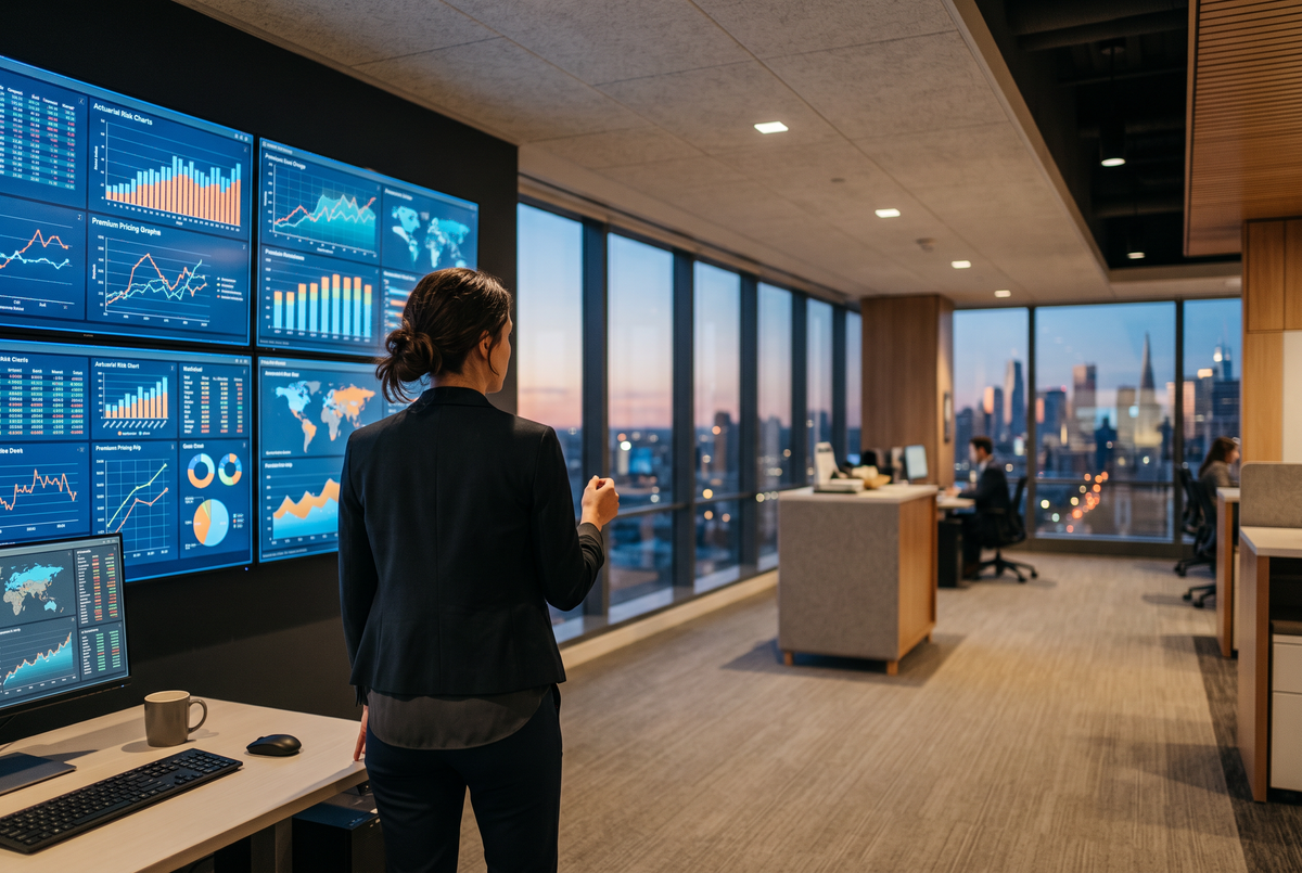 A professional reviews actuarial risk and pricing analytics on screens in a modern insurance office.