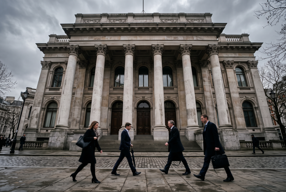 The marble facade of a central bank building on an overcast morning