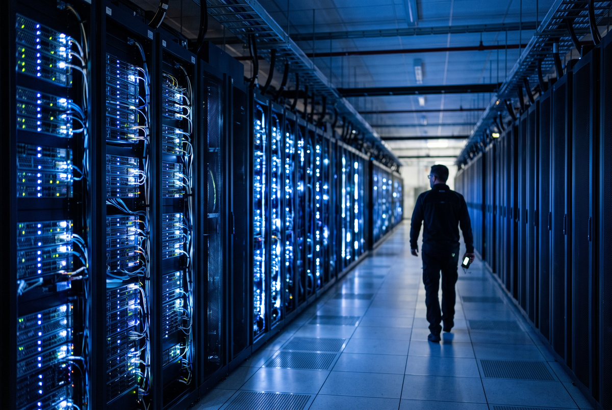 Rows of glowing server racks inside a modern data center