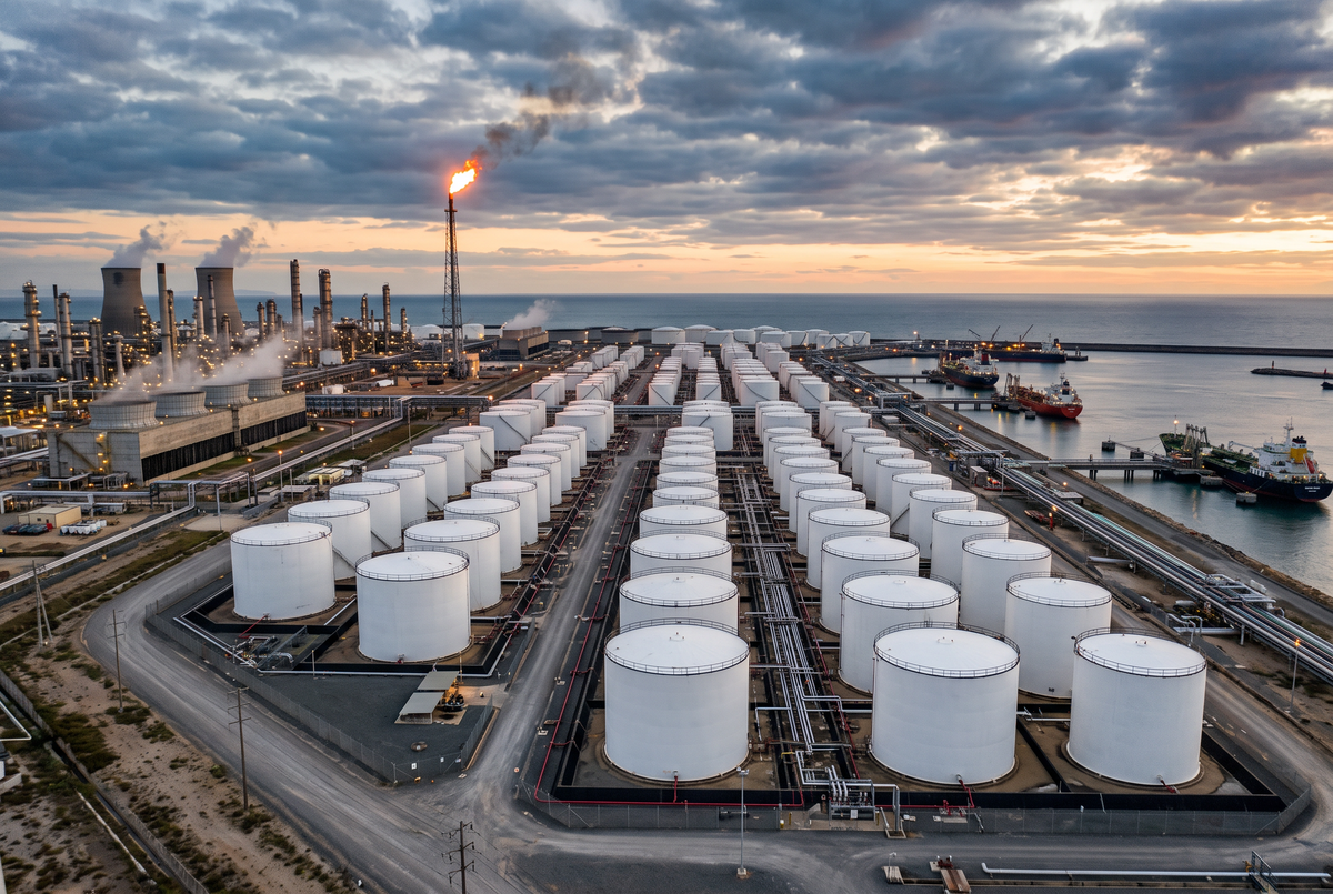 Oil tanker and refinery at dusk as crude prices climb