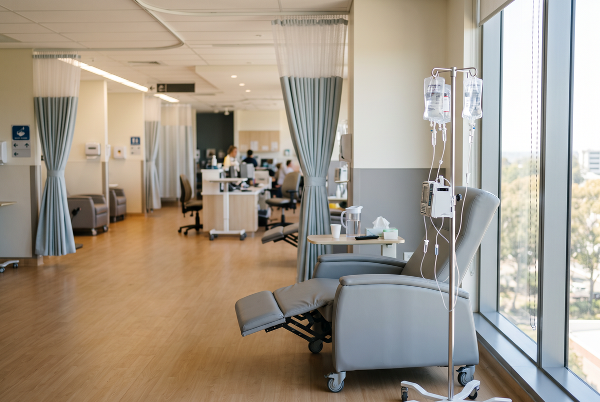 A modern hospital oncology infusion ward with a reclining treatment chair and IV stand in soft natural light