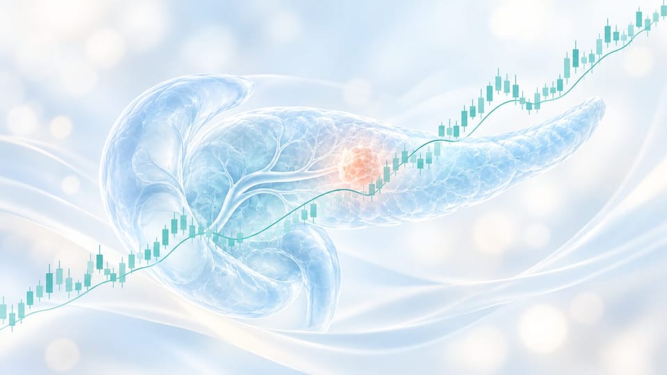 AI-generated conceptual illustration of pancreatic imaging with an abstract rising market motif, not actual price data or clinical results.