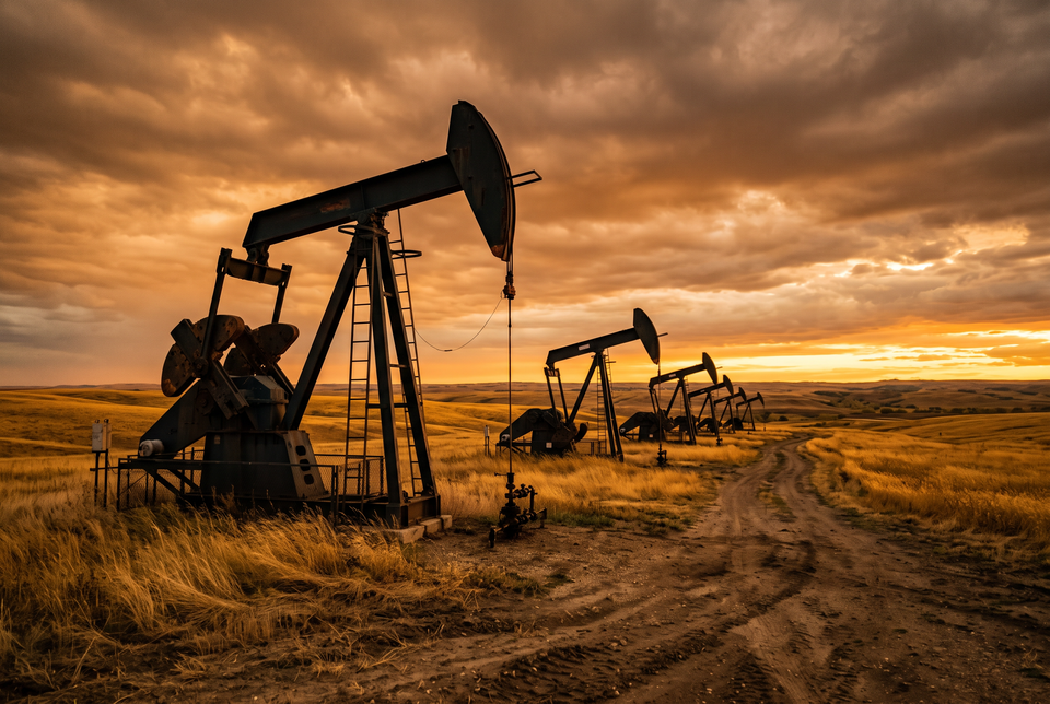 Oil pump jacks in a golden field at dusk, evoking the energy-price pressures behind Canada's rate hike
