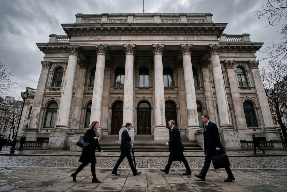 The marble facade of a central bank building on an overcast morning