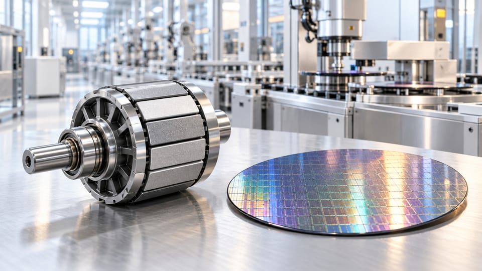 AI-generated illustrative composite of a permanent-magnet motor rotor, silicon wafer and automated manufacturing equipment; not an actual company facility or product.