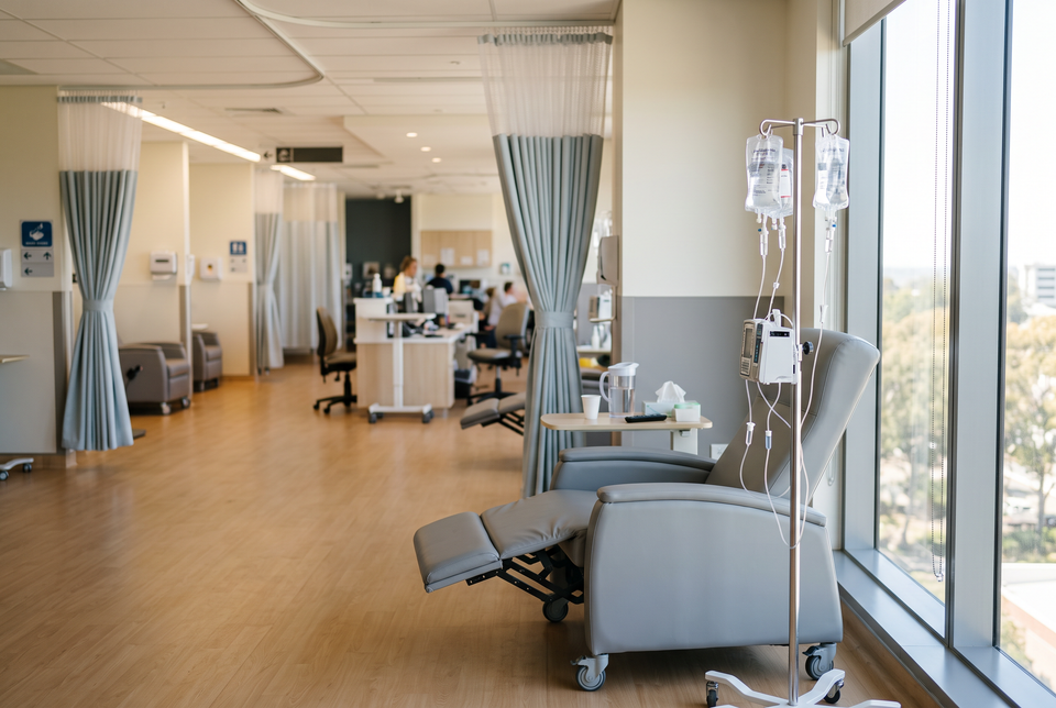 A modern hospital oncology infusion ward with a reclining treatment chair and IV stand in soft natural light
